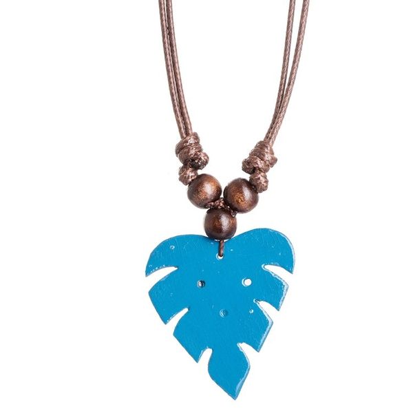 Alternate image for Leafy Blue Calabash Gourd Pendant Necklace with Wood Beads Jungle Blue