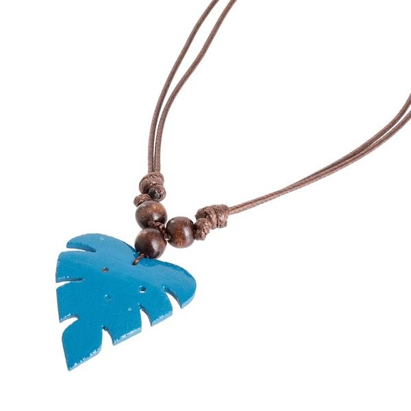 Alternate image for Leafy Blue Calabash Gourd Pendant Necklace with Wood Beads Jungle Blue