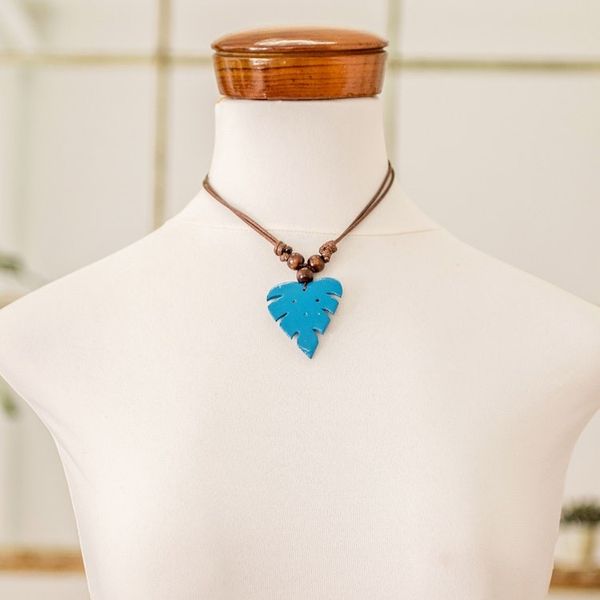 Alternate image for Leafy Blue Calabash Gourd Pendant Necklace with Wood Beads Jungle Blue