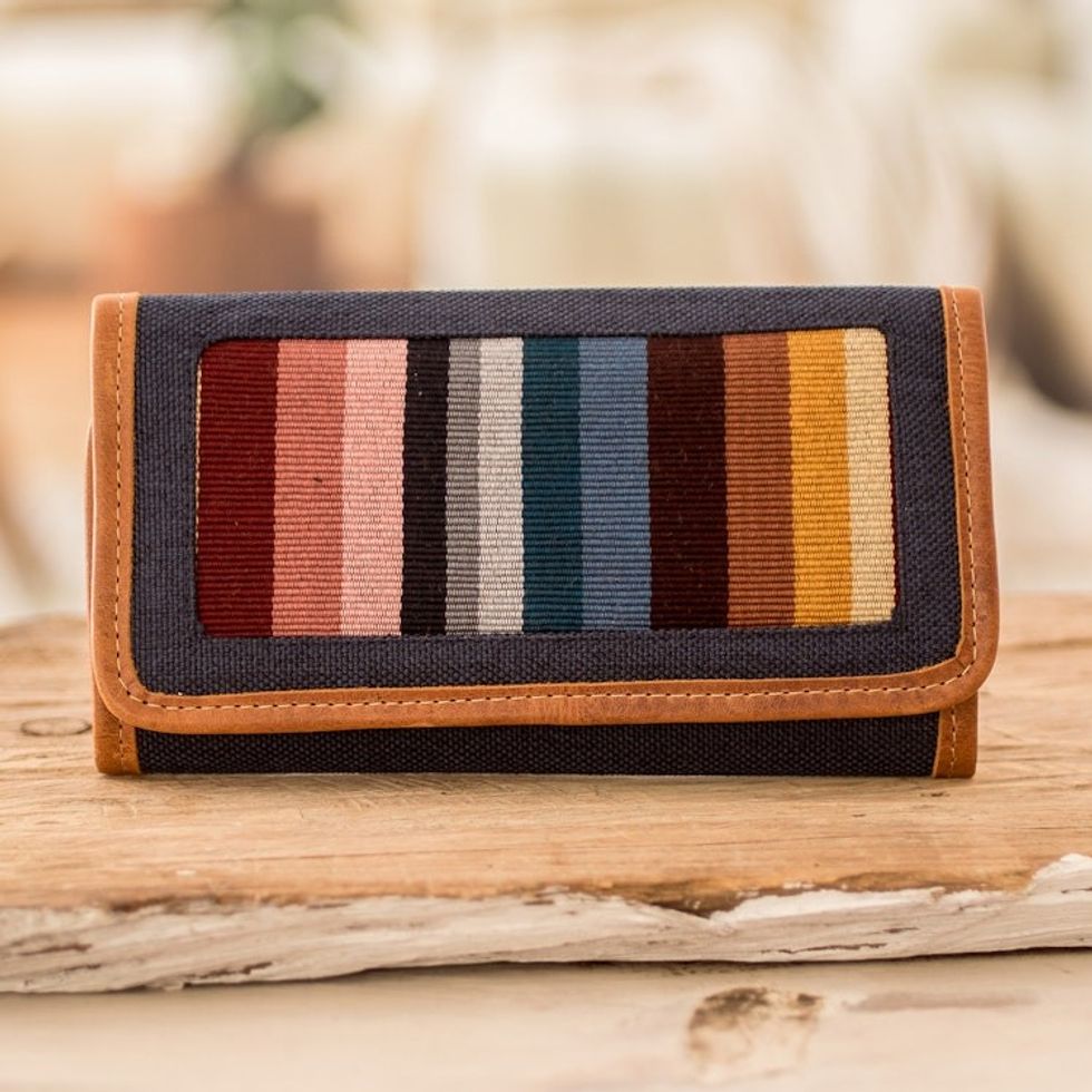 Handwoven Cotton Wallet with Leather Trim Colorful Stripes 'Ethereal Blue'