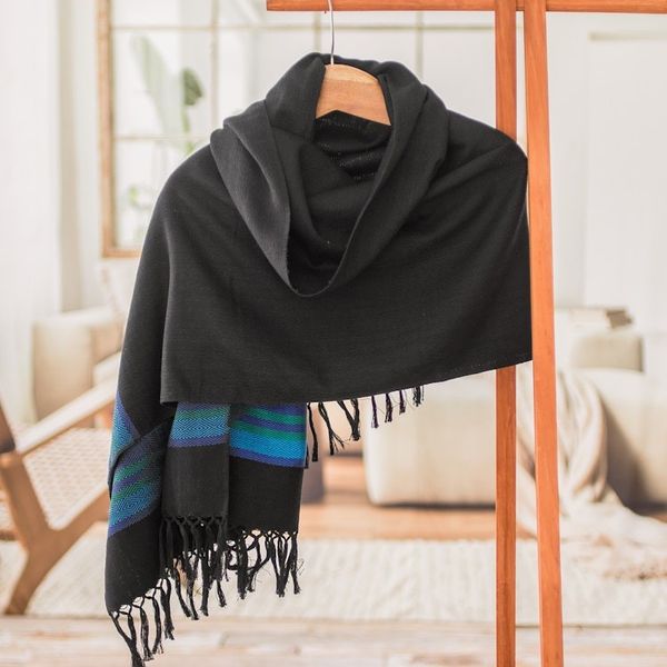 Alternate image for Handloomed Black Cotton Shawl with Blue Stripes and Fringes Mystic Twilight
