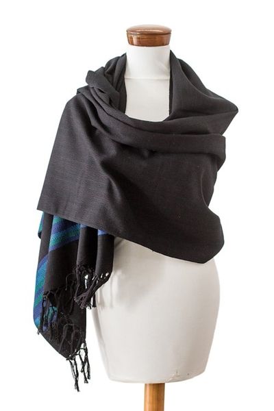 Alternate image for Handloomed Black Cotton Shawl with Blue Stripes and Fringes Mystic Twilight