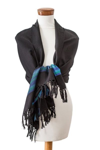 Alternate image for Handloomed Black Cotton Shawl with Blue Stripes and Fringes Mystic Twilight