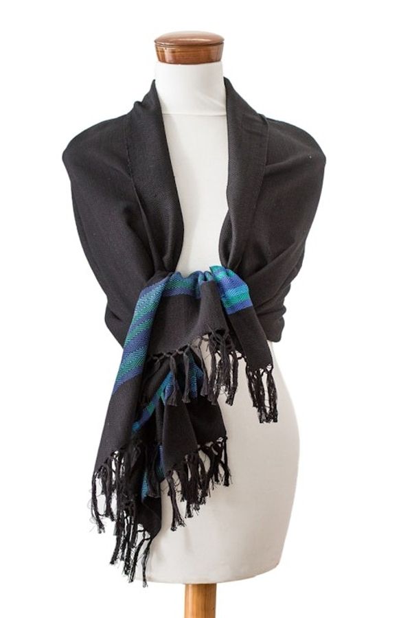 Alternate image for Handloomed Black Cotton Shawl with Blue Stripes and Fringes Mystic Twilight