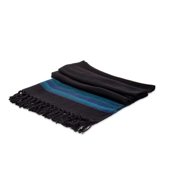 Alternate image for Handloomed Black Cotton Shawl with Blue Stripes and Fringes Mystic Twilight