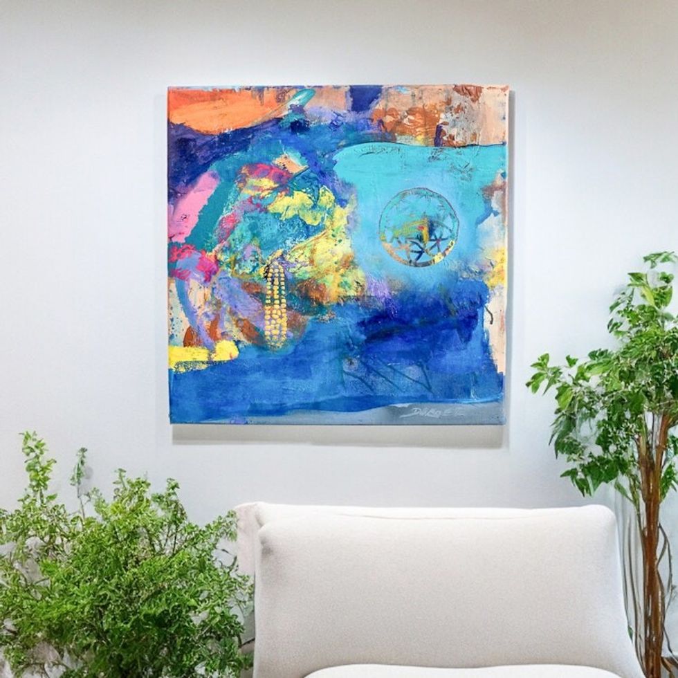 Signed Abstract Acrylic and Oil Painting in Blue 'Sowing Moon II'