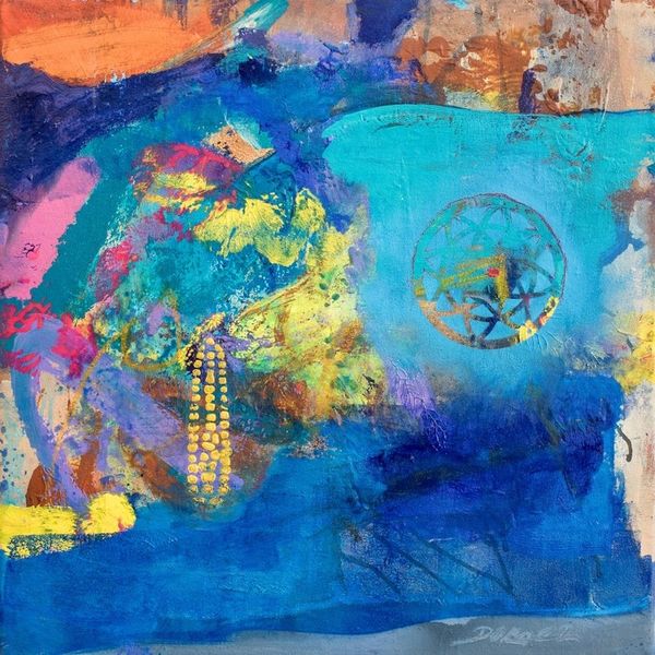 Alternate image for Signed Abstract Acrylic and Oil Painting in Blue Sowing Moon II