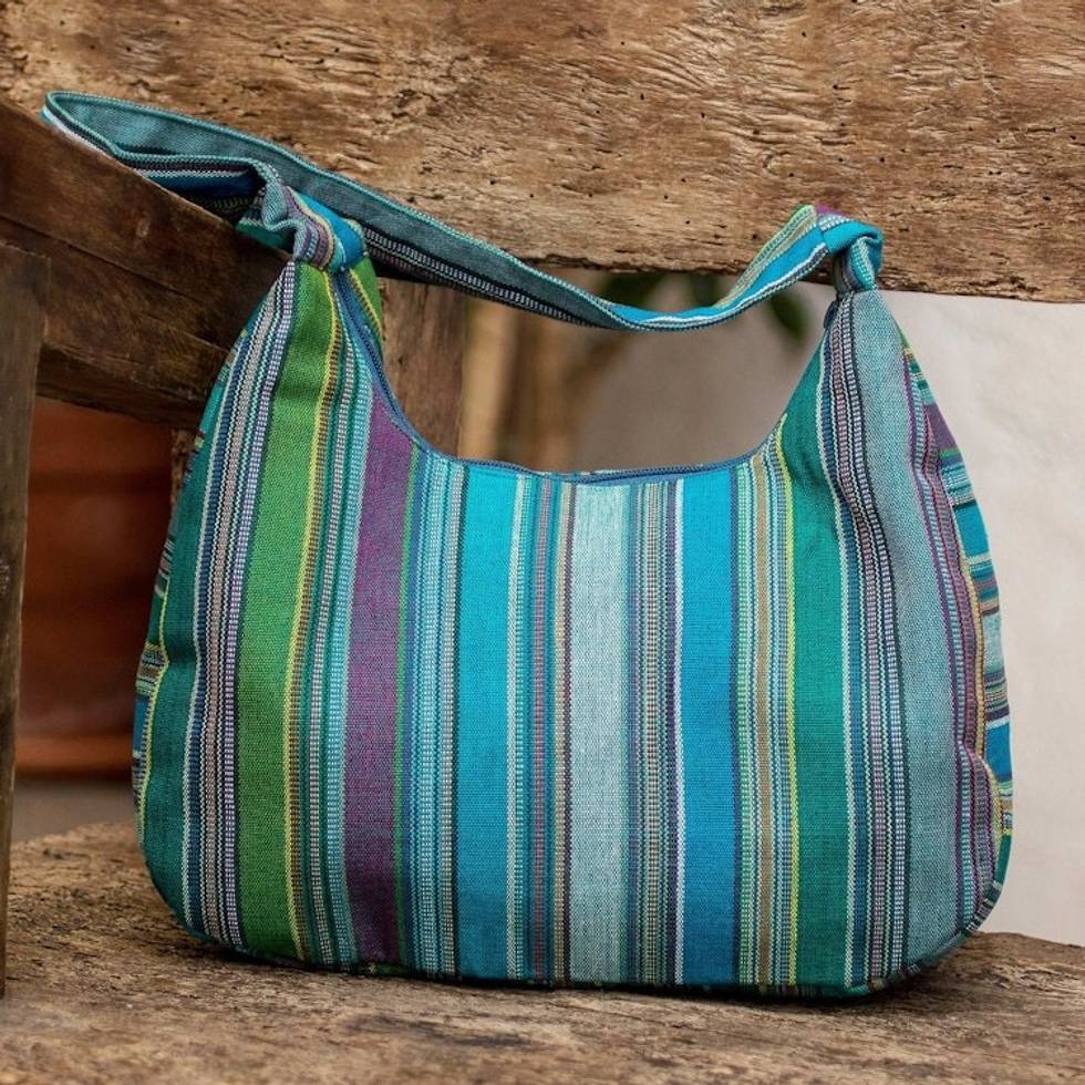 Handwoven Striped Blue and Green Zippered Cotton Hobo Bag 'Magic Lagoon'