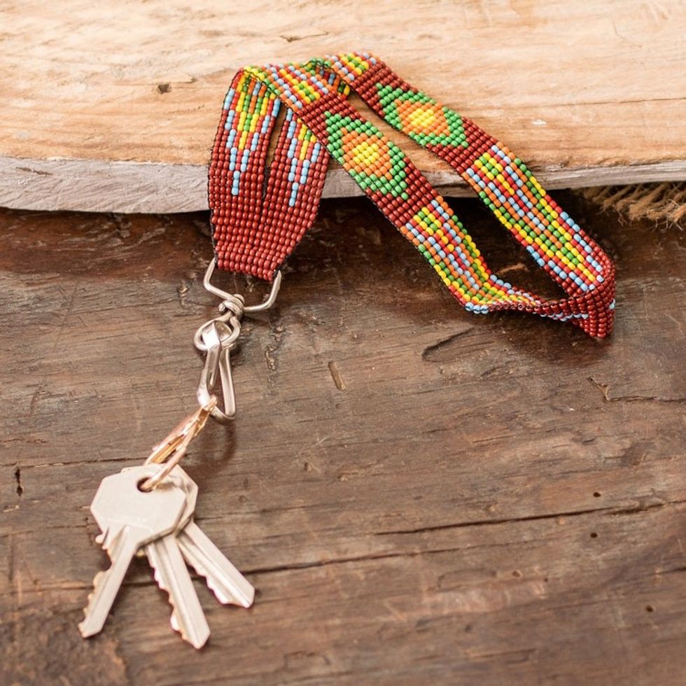 Brown Beaded Lanyard Keychain Holder Handmade in Guatemala 'Handy and Lovely'