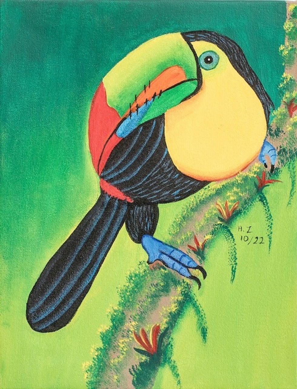 Signed Stretched Acrylic Impressionist Painting in Green 'Toucan'