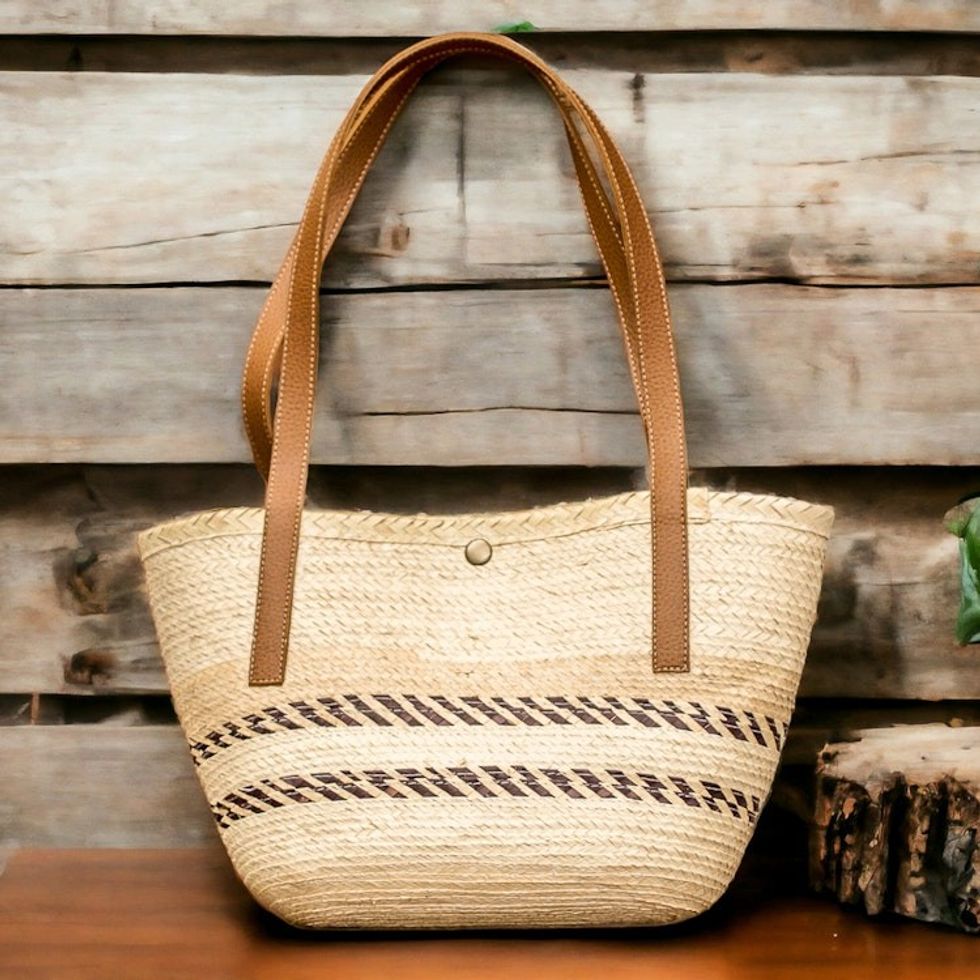 Handmade Natural Fiber Shoulder Bag with Brown Stripes 'Sun Evening'