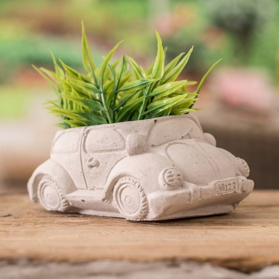 Handcrafted Whimsical Classic Beetle Cement Flower Pot 'Evergreen Beetle'