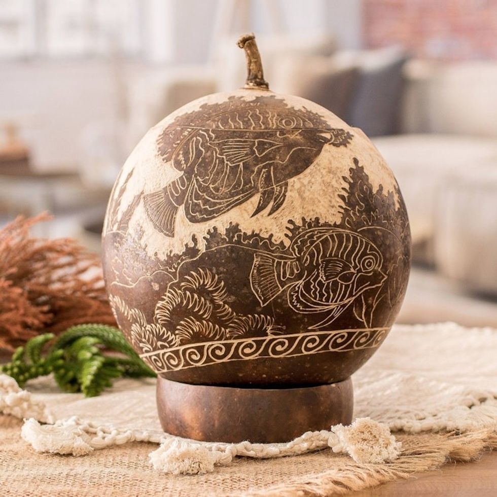 Sea Life-Themed Round Dried Gourd Decorative Accent 'Seafloor'