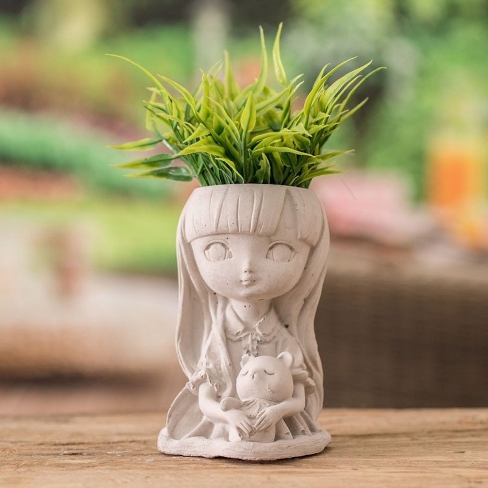 Handcrafted Whimsical Girl and Teddy Bear Cement Flower Pot 'Wisdom Resilience'