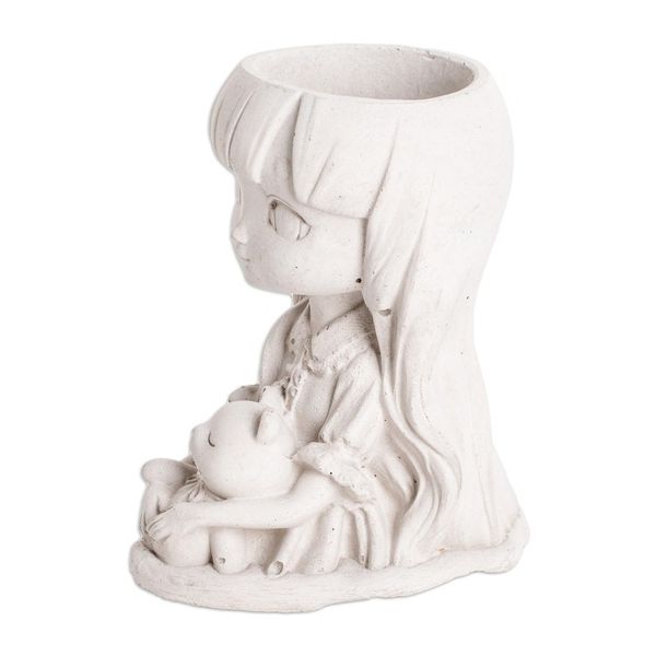 Alternate image for Handcrafted Whimsical Girl and Teddy Bear Cement Flower Pot Wisdom Resilience