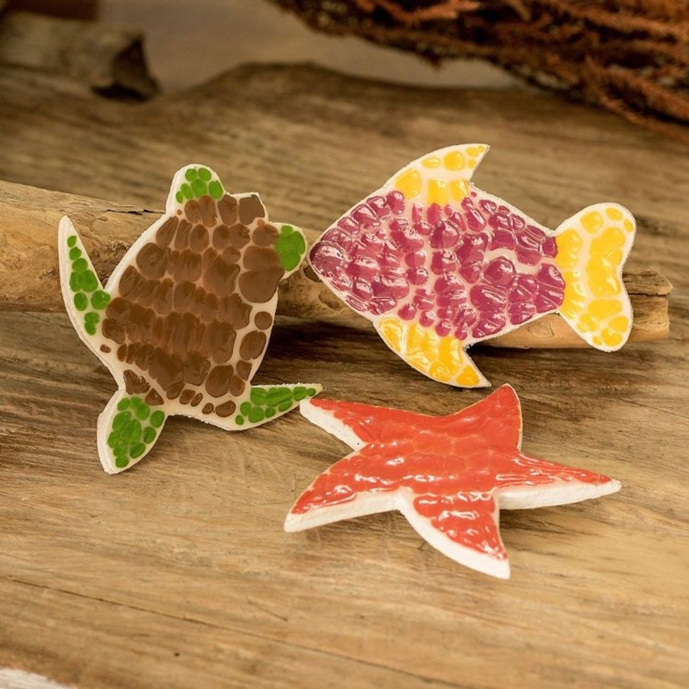 Hand-Painted Sea Life-Themed Wood Magnets Set of 3 'Marine Realm'