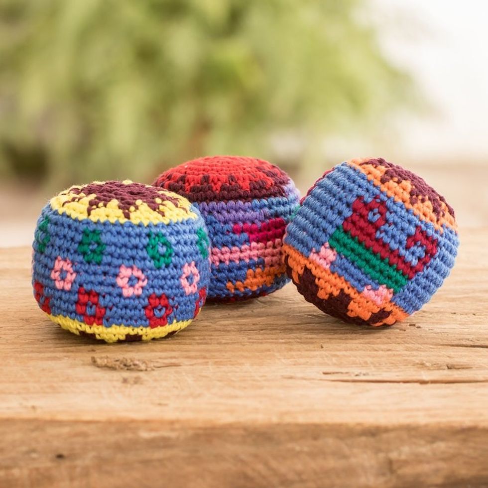 Set of 3 Knit Multicolor Cotton Hacky Sacks from Guatemala 'Geometric Tenderness'