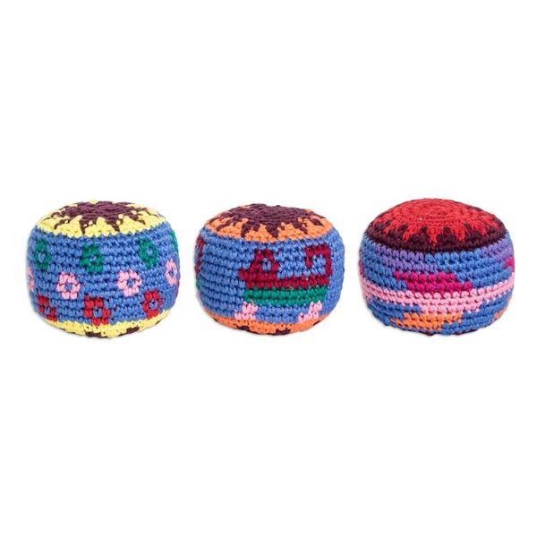 Alternate image for Set of 3 Knit Multicolor Cotton Hacky Sacks from Guatemala Geometric Tenderness