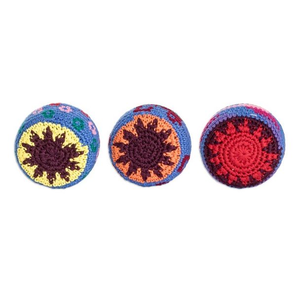 Alternate image for Set of 3 Knit Multicolor Cotton Hacky Sacks from Guatemala Geometric Tenderness