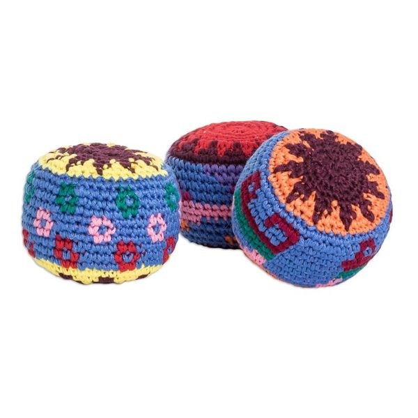 Alternate image for Set of 3 Knit Multicolor Cotton Hacky Sacks from Guatemala Geometric Tenderness