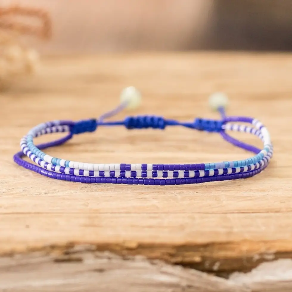 Handcrafted Blue Glass Beaded Three-Strand Bracelet 'Marine Lives'
