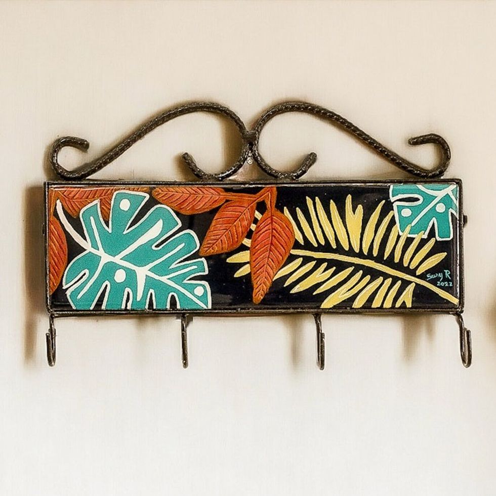 Hand-Painted Leafy Black Iron and Laurel Wood Key Rack 'Nights in Costa Rica'
