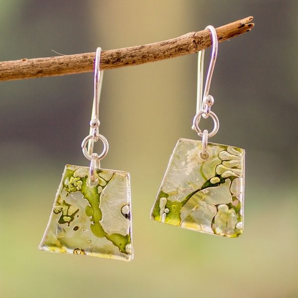 Alternate image for Green-Toned Geometric Recycled CD Dangle Earrings Forest Reflections