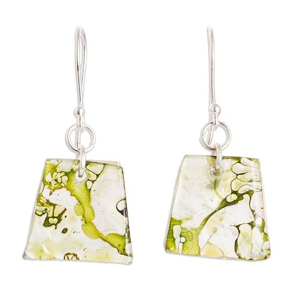 Alternate image for Green-Toned Geometric Recycled CD Dangle Earrings Forest Reflections