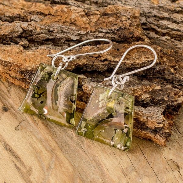 Alternate image for Green-Toned Geometric Recycled CD Dangle Earrings Forest Reflections
