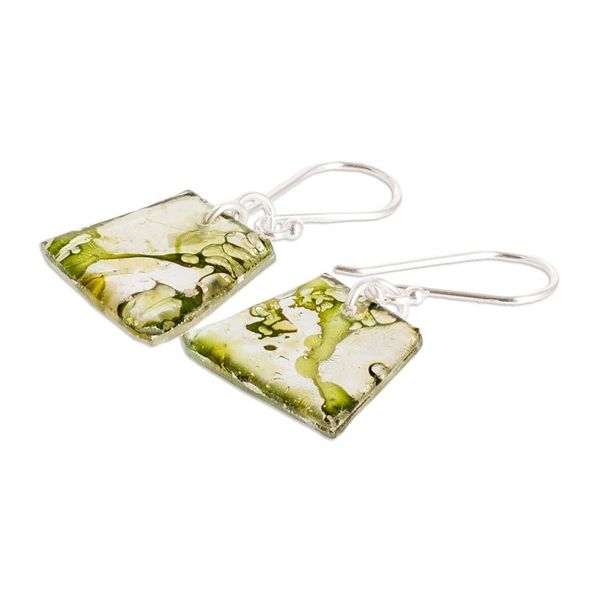 Alternate image for Green-Toned Geometric Recycled CD Dangle Earrings Forest Reflections