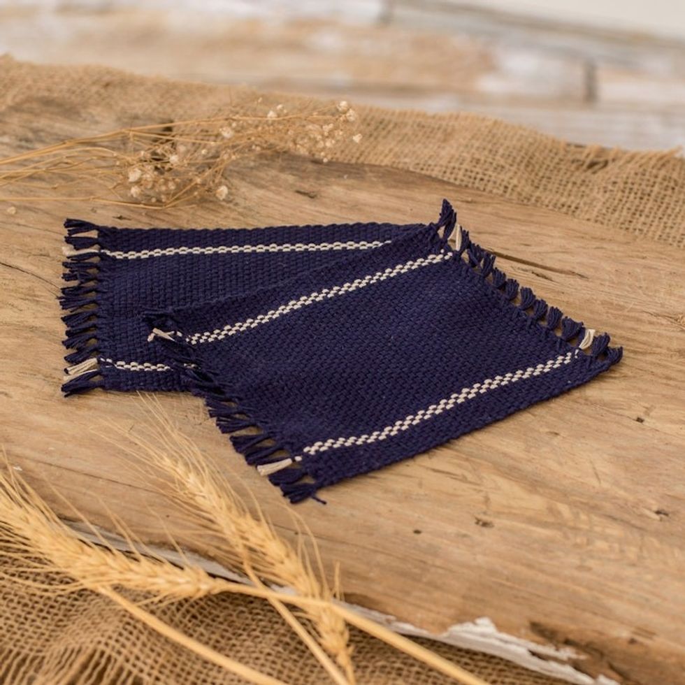 Pair of Hand-Woven Fringed Cotton Coasters in Blue and White 'Moments'