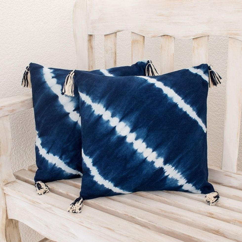 Pair of Tie-Dyed Indigo and White Cotton Cushion Covers 'Towards the Sea'