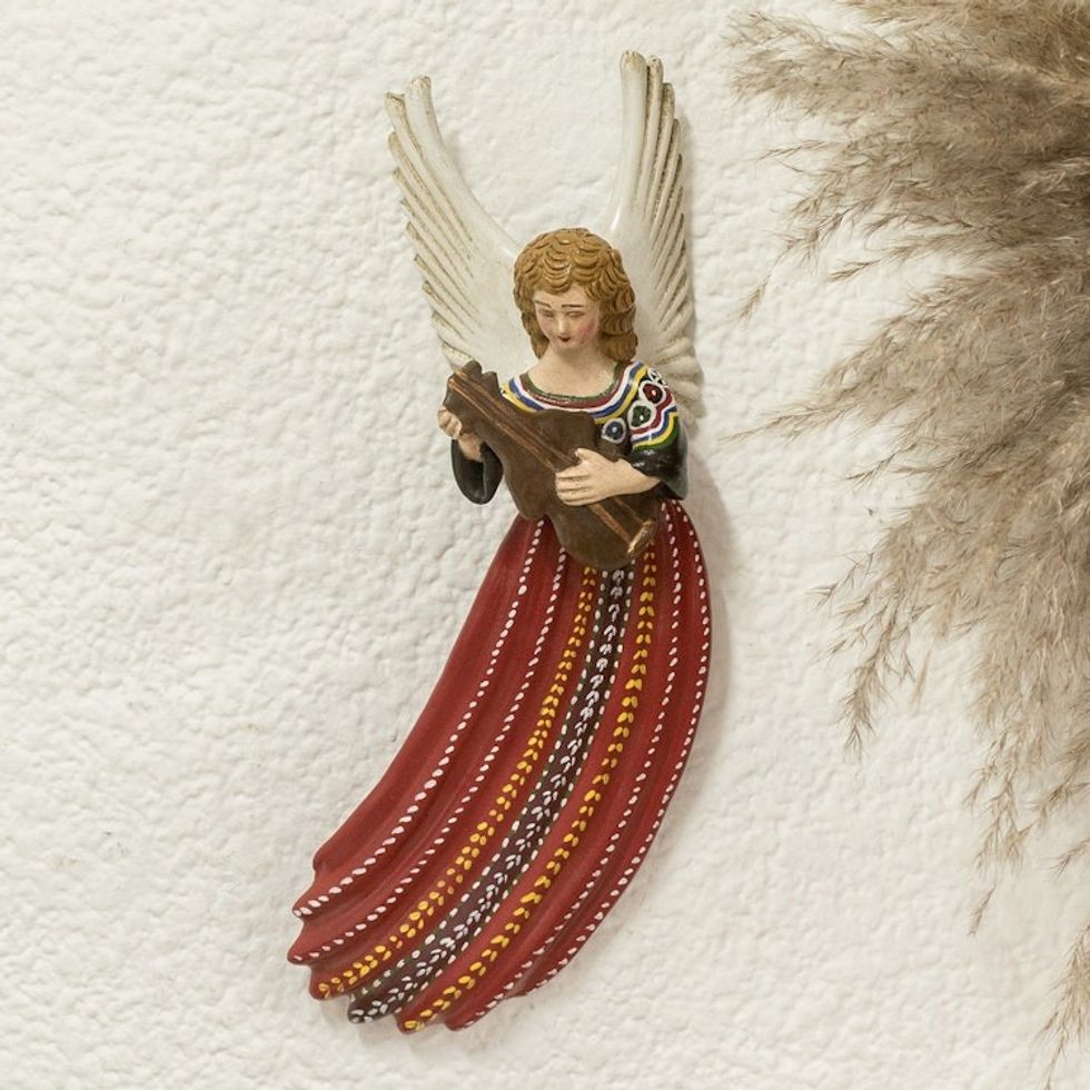 Guatemalan Folk Art Hand-Painted Ceramic Angel Wall Accent 'Joyabaj'