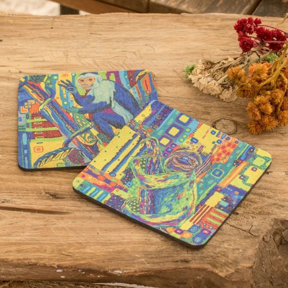 Set of 2 Rubber Coasters with Monkey and Sloth Prints 'Tree Habitants'