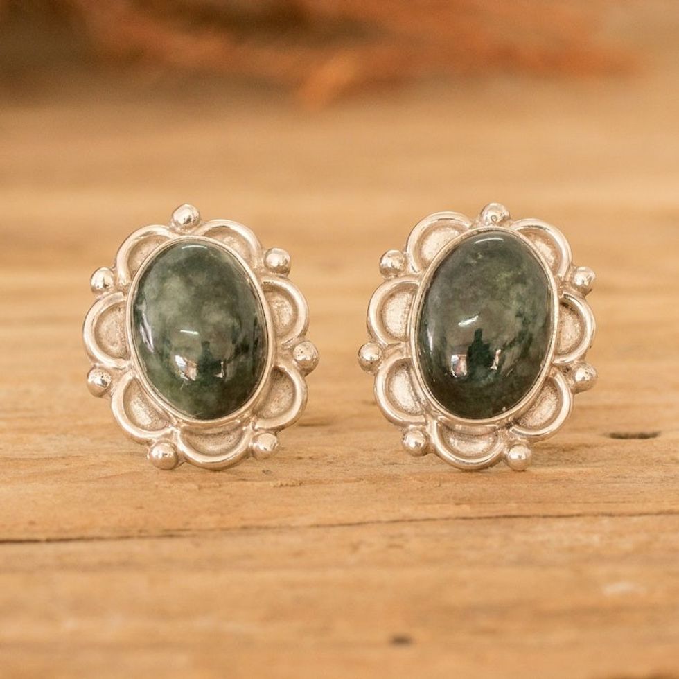 Sterling Silver Button Earrings with Dark Green Jade Stones 'Maya Queen'
