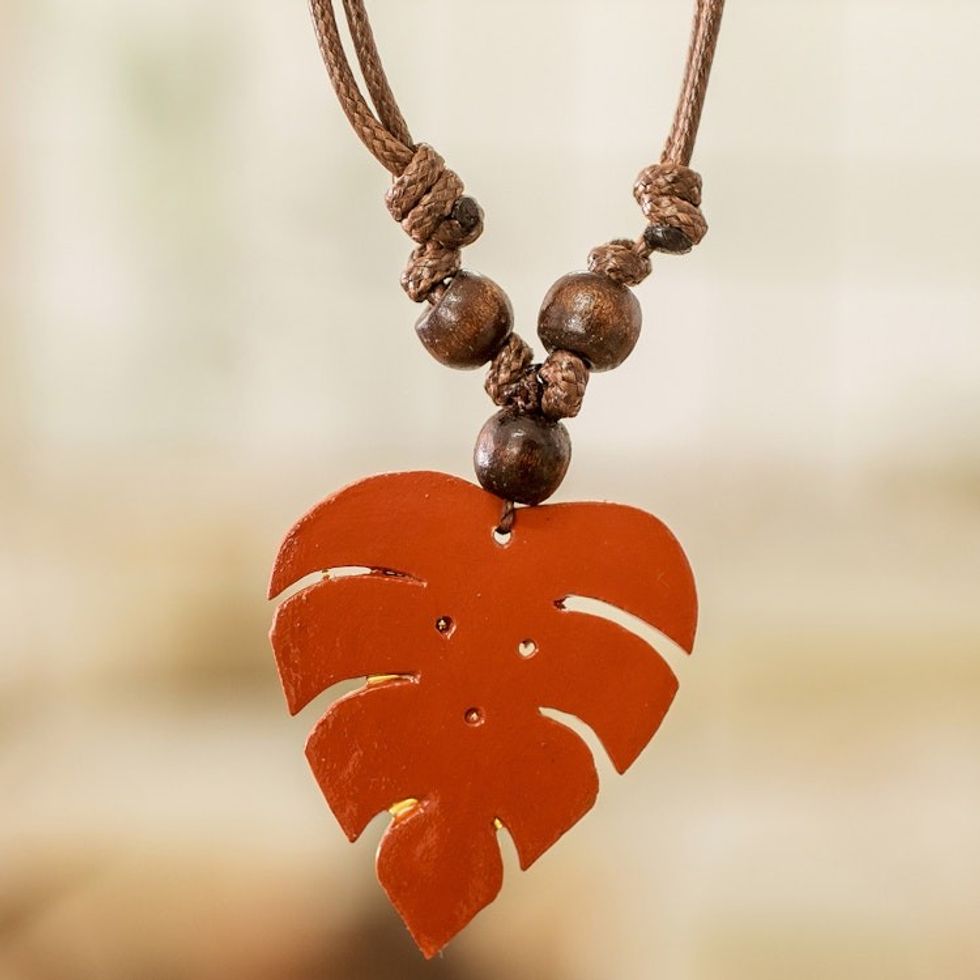 Terracotta Calabash Gourd Pendant Necklace with Wood Beads 'Jungle Terracotta'