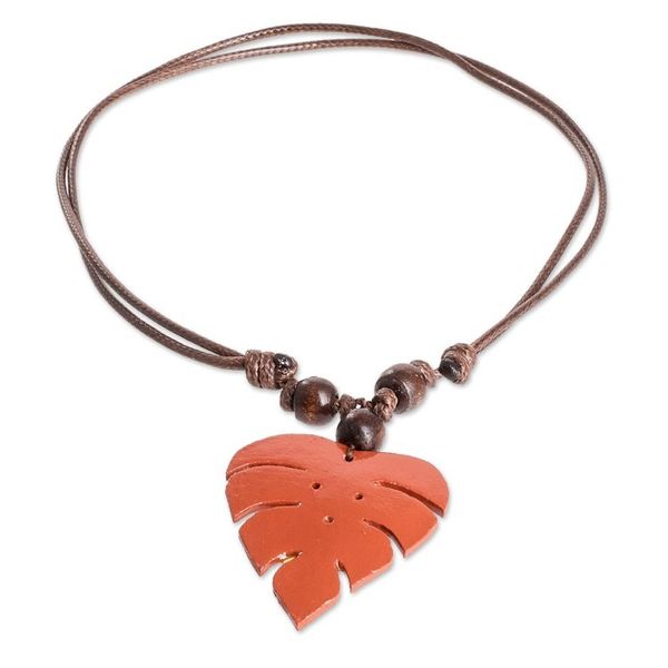 Alternate image for Terracotta Calabash Gourd Pendant Necklace with Wood Beads Jungle Terracotta