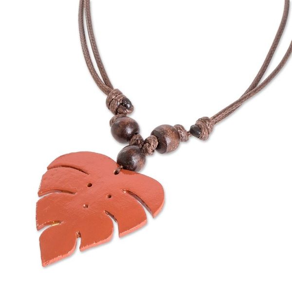 Alternate image for Terracotta Calabash Gourd Pendant Necklace with Wood Beads Jungle Terracotta