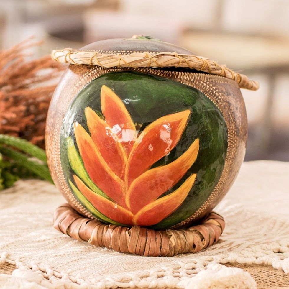Hand-Painted Orange Heliconia Dried Gourd Decorative Accent 'Orange Heliconias'
