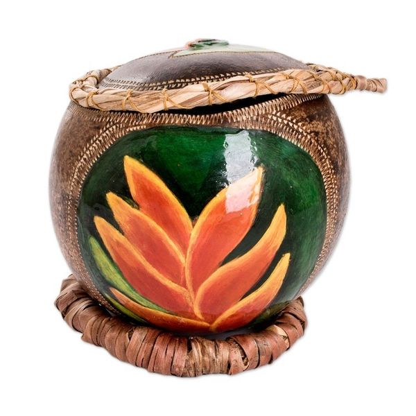 Alternate image for Hand-Painted Orange Heliconia Dried Gourd Decorative Accent Orange Heliconias