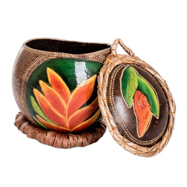 Alternate image for Hand-Painted Orange Heliconia Dried Gourd Decorative Accent Orange Heliconias