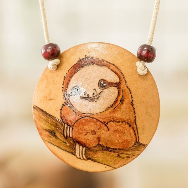 Alternate image for Hand-Painted Calabash Gourd Sloth Pendant Necklace Calm Portrayal