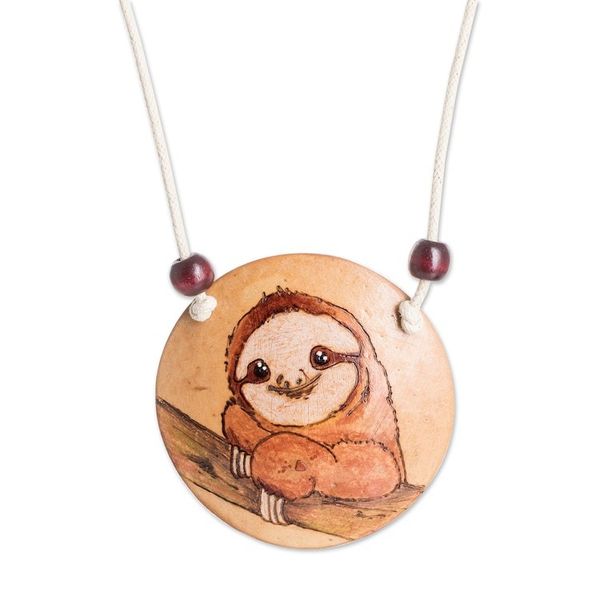 Alternate image for Hand-Painted Calabash Gourd Sloth Pendant Necklace Calm Portrayal