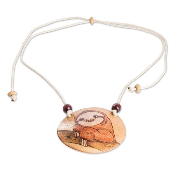 Alternate image for Hand-Painted Calabash Gourd Sloth Pendant Necklace Calm Portrayal