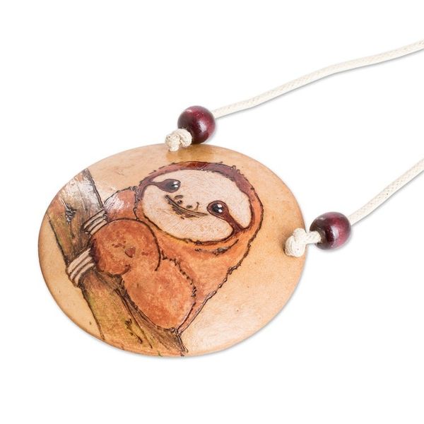 Alternate image for Hand-Painted Calabash Gourd Sloth Pendant Necklace Calm Portrayal