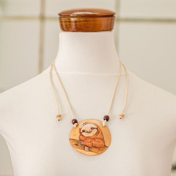 Alternate image for Hand-Painted Calabash Gourd Sloth Pendant Necklace Calm Portrayal