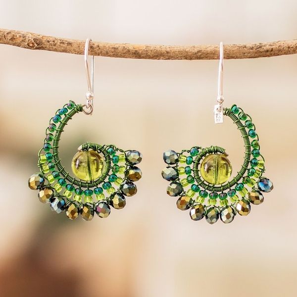 Alternate image for Handcrafted Green Crystal and Glass Beaded Dangle Earrings Forest Tails