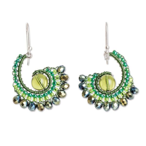 Alternate image for Handcrafted Green Crystal and Glass Beaded Dangle Earrings Forest Tails