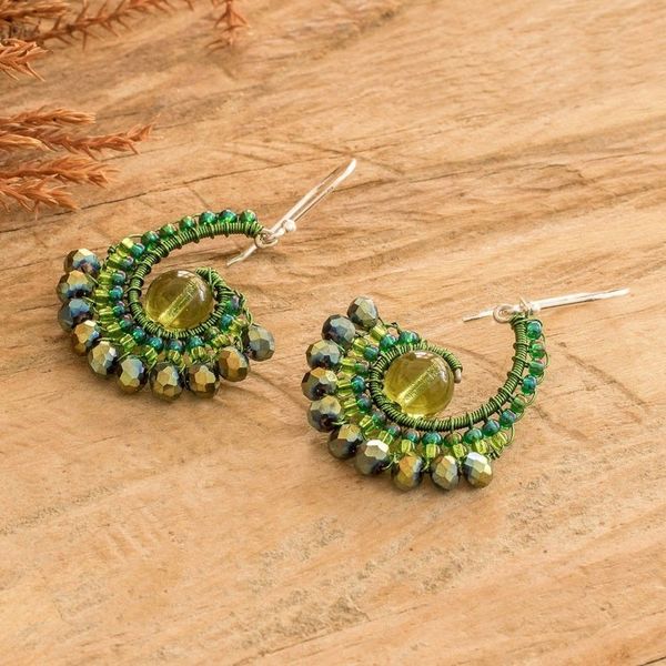Alternate image for Handcrafted Green Crystal and Glass Beaded Dangle Earrings Forest Tails