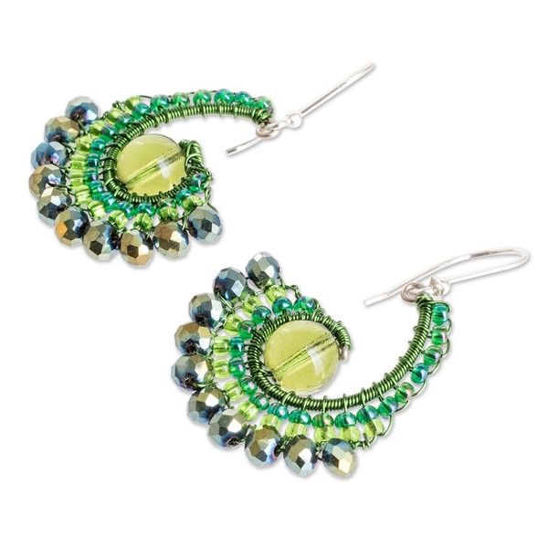Alternate image for Handcrafted Green Crystal and Glass Beaded Dangle Earrings Forest Tails
